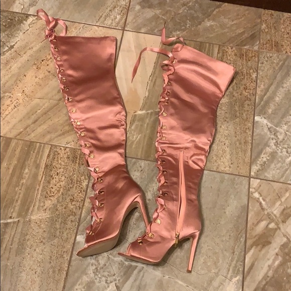 Shoes - Satin corset thigh highs from Dollzkill